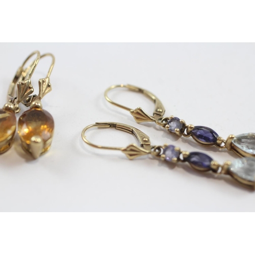 98 - 2 X 9ct Gold Paired Gemstone Drop Earrings Inc. Citrine & Blue Topaz (4.5g)