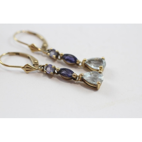 98 - 2 X 9ct Gold Paired Gemstone Drop Earrings Inc. Citrine & Blue Topaz (4.5g)