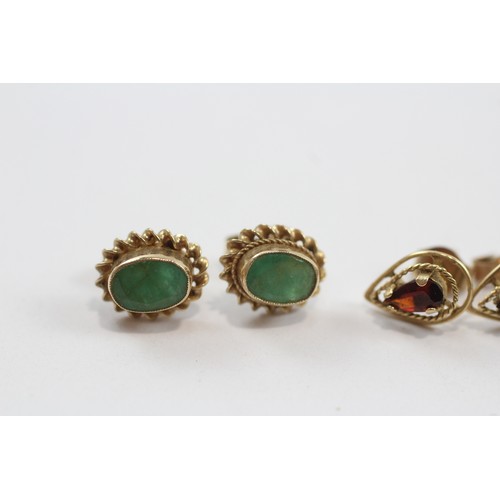 24 - 3 X 9ct Gold Emerald, Amethyst And Garnet Set Stud Earrings (2.5g)