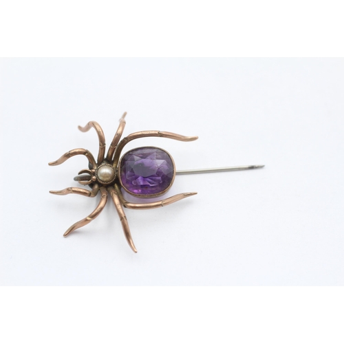 17 - 9ct Gold Antique Amethyst & Pearl Spider Lapel Pin (4.3g)