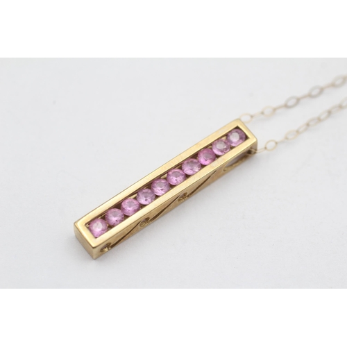 2 - 9ct Gold Pink Sapphire Drop Bar Pendant Necklace (2.9g)