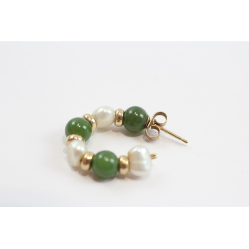 32 - 9ct Gold Cultured Pearl & Nephrite Hoop Earrings (4.4g)