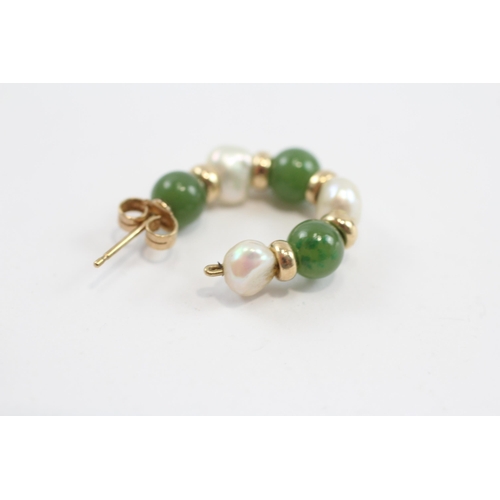 32 - 9ct Gold Cultured Pearl & Nephrite Hoop Earrings (4.4g)