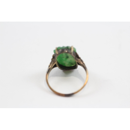 4 - 9ct Gold & Silver Vintage Carved Jade Statement Ring (2.2g) Size  K