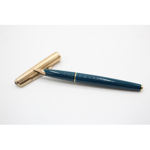 349 - Vintage PARKER 65 Teal Fountain Pen w/ 14ct Gold Nib, Rolled Gold Cap WRITING