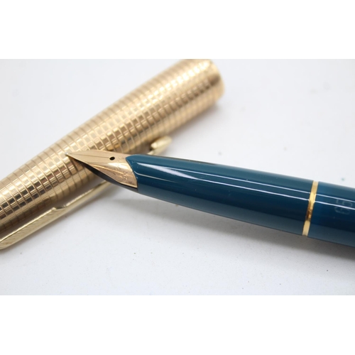 349 - Vintage PARKER 65 Teal Fountain Pen w/ 14ct Gold Nib, Rolled Gold Cap WRITING