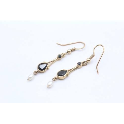 111 - 9ct Gold Sapphire And Pearl Set Drop Earrings (2.7g)