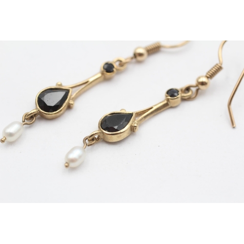 111 - 9ct Gold Sapphire And Pearl Set Drop Earrings (2.7g)