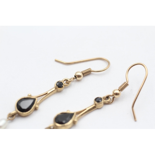 111 - 9ct Gold Sapphire And Pearl Set Drop Earrings (2.7g)