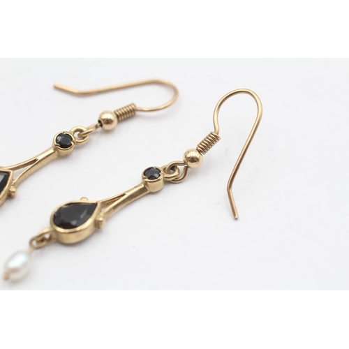 111 - 9ct Gold Sapphire And Pearl Set Drop Earrings (2.7g)