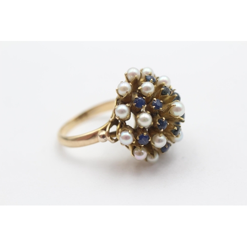 27 - 14ct Gold Vintage Cultured Pearl And Sapphire Set Princess Ring (7.1g) Size  L