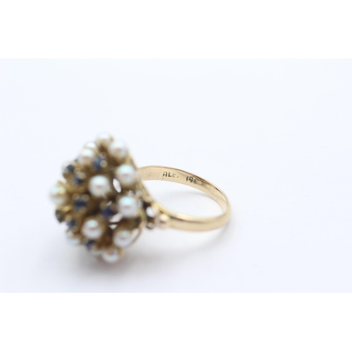 27 - 14ct Gold Vintage Cultured Pearl And Sapphire Set Princess Ring (7.1g) Size  L
