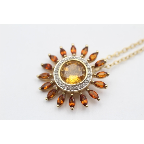 54 - 9ct Gold Diamond, Garnet And Citrine Set Sunflower Pendant Necklace (5g)