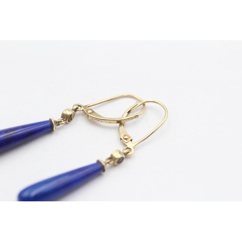 55 - 9ct Gold Vintage Lapis Lazuli Bombe Drop Earrings (2.3g)