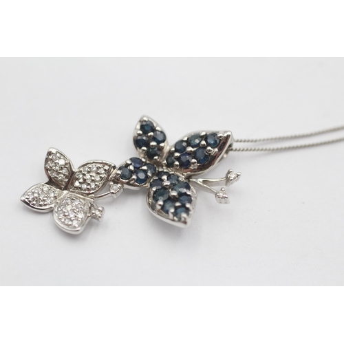 60 - 9ct White Gold Sapphire And Diamond Set Butterfly Pendant Necklace (3.7g)