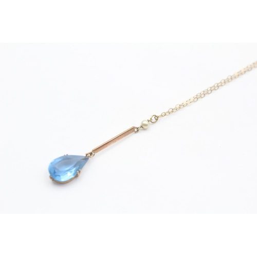 72 - 9ct Gold Edwardian Blue Paste And Faux Pearl Pendant Necklace (1.8g)