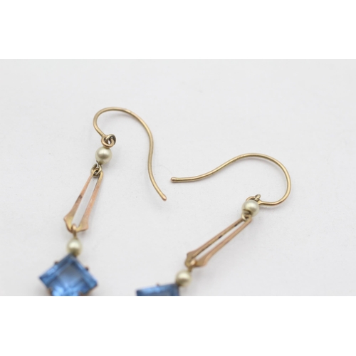 74 - 9ct Gold Edwardian Blue Paste And Faux Pearl Set Drop Earrings (1.4g)