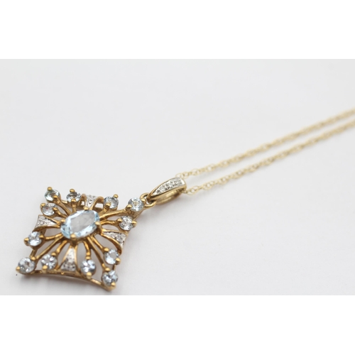 75 - 9ct Gold Aquamarine & Diamond Ornate Cluster Pendant Necklace (2.4g)