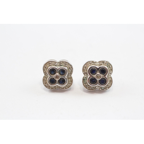 81 - 9ct White And Yellow Gold Diamond And Sapphire Set Quatrefoil Shaped Stud Earrings (3.3g)