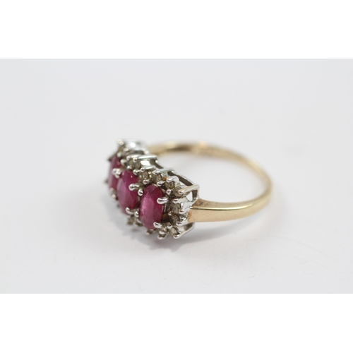9 - 9ct Gold Synthetic Ruby & Diamond Three Stone Halo Ring (3.2g) Size  M