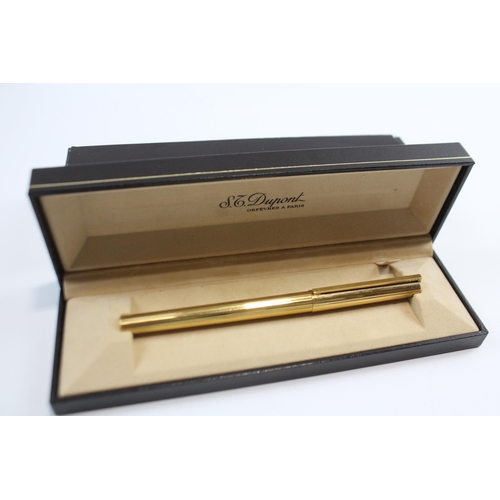 311 - Vintage S.T DUPONT Gold Plated Fountain Pen w/ 18ct Gold Nib WRITING Boxed (29g)