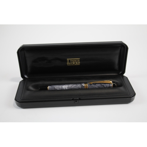 321 - Parker Duofold Grey Lacquer Fountain Pen w/ 18ct Gold Nib Writing Original Box