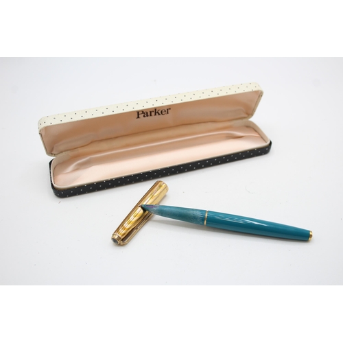 347 - Vintage PARKER 61 Teal FOUNTAIN PEN w/ 14ct Gold Nib, Rolled Gold Cap WRITING