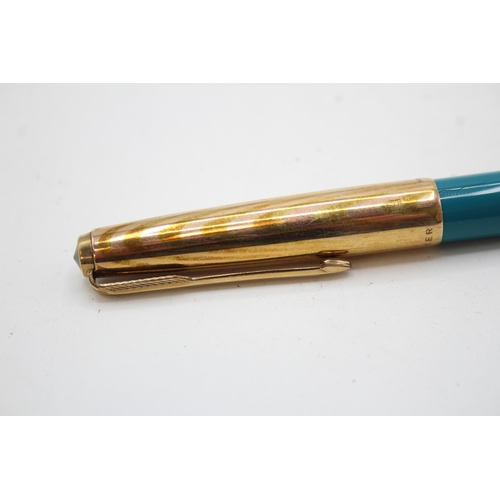 347 - Vintage PARKER 61 Teal FOUNTAIN PEN w/ 14ct Gold Nib, Rolled Gold Cap WRITING