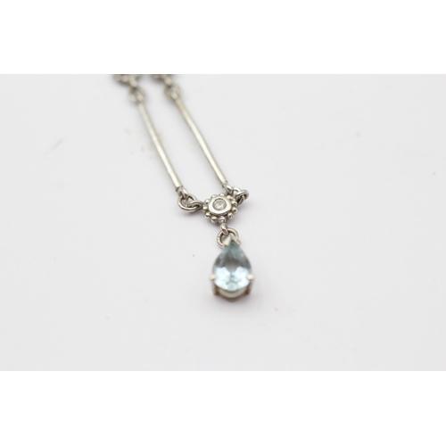 101 - 9ct White Gold Diamond & Aquamarine Pendant Necklace (6.4g)