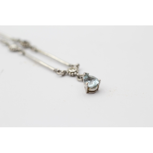 101 - 9ct White Gold Diamond & Aquamarine Pendant Necklace (6.4g)