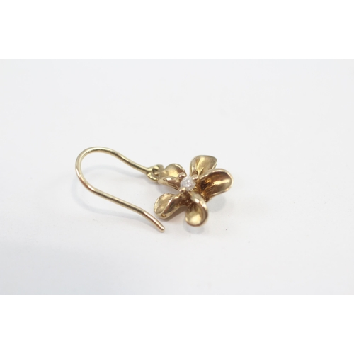 130 - 14ct Gold Diamond Flower Drop Earrings (2.2g)