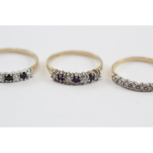 152 - 3 X 9ct Gold Clear Gemstone, Amethyst & Sapphire Dress Rings (3.1g)