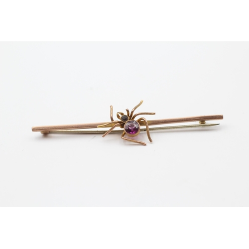 161 - 9ct Gold Antique Garnet & Paste Spider Bar Brooch With Base Metal Pin (4.1g)