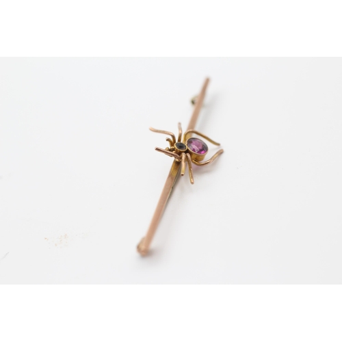 161 - 9ct Gold Antique Garnet & Paste Spider Bar Brooch With Base Metal Pin (4.1g)