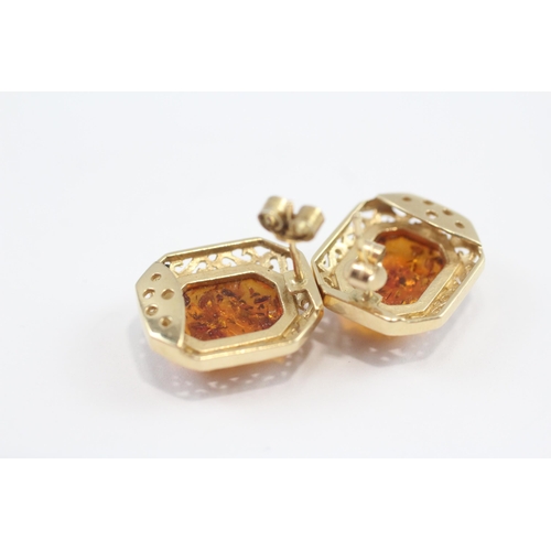 28 - 14ct Gold Amber Ornate Openwork Earrings (6g)
