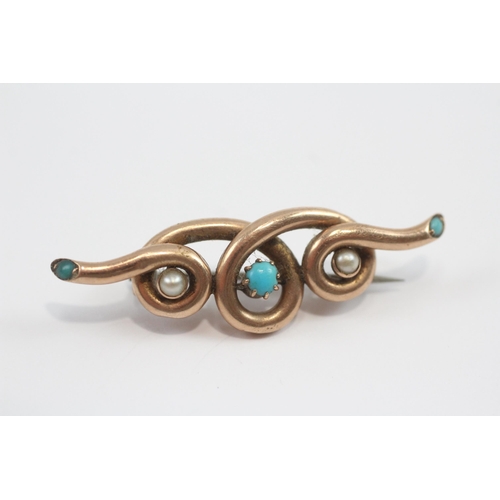 42 - 9ct Gold Turquoise And Split Pearl Wrap Brooch (2.7g)