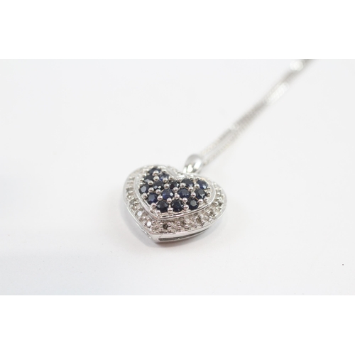 83 - 9ct White Gold Diamond & Sapphire Heart Pendant Necklace (4g)