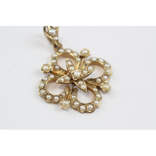 88 - 9ct Gold Antique Victorian Split Pearl Floral Openwork Pendant (2.6g)