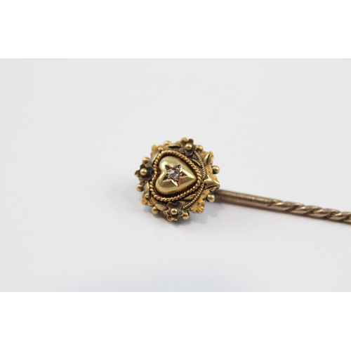 90 - 15ct Gold Head Rose Cut Diamond Heart Stick Pin Brooch (1.7g)