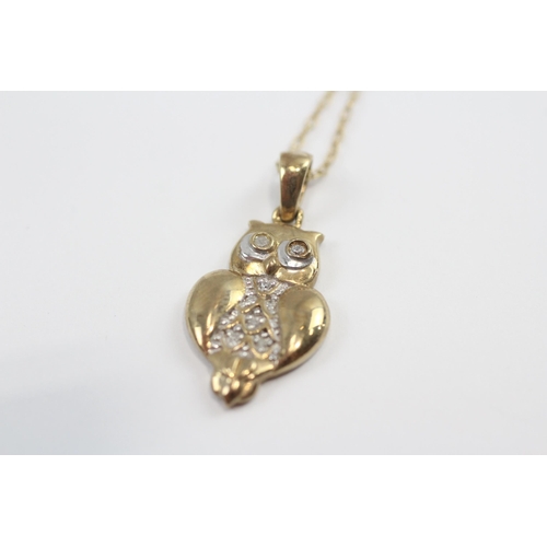 95 - 9ct Gold Diamond Set Owl Pendant Necklace (3g)