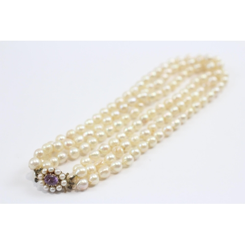 98 - 9ct Gold Amethyst & Cultured Pearl Set Clasp Cultured Pearl Three Strand Necklace (70.8g)