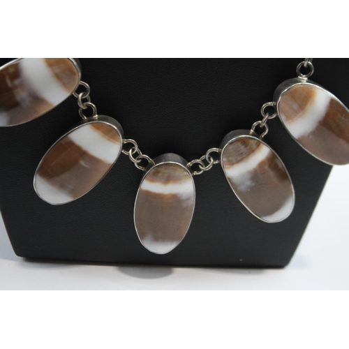 173 - Silver Shell Panel Necklace And Bracelet Set