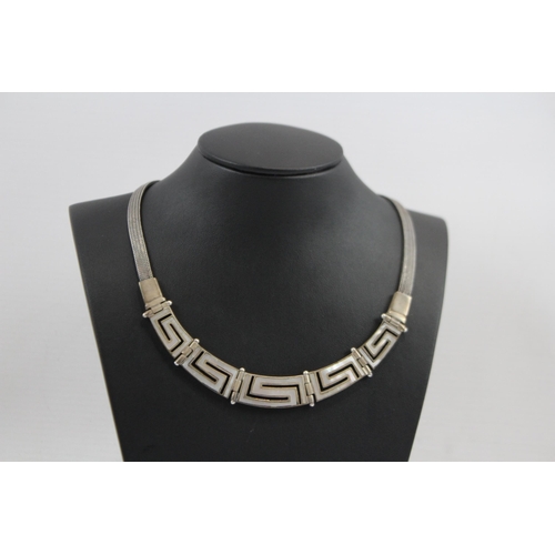 208 - Silver Greek Key Design With Mother Of Pearl Inlay Necklace And Earrings Set