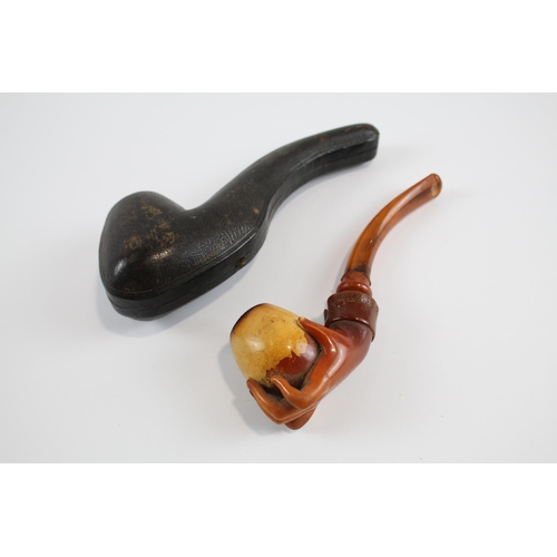 279 - Antique Carved Meerschaum Hand Form Smoking Pipe w/ Amber Stem, Case