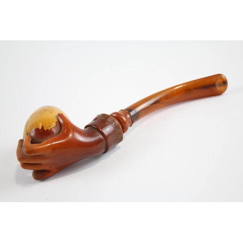 279 - Antique Carved Meerschaum Hand Form Smoking Pipe w/ Amber Stem, Case