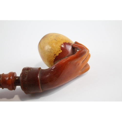 279 - Antique Carved Meerschaum Hand Form Smoking Pipe w/ Amber Stem, Case