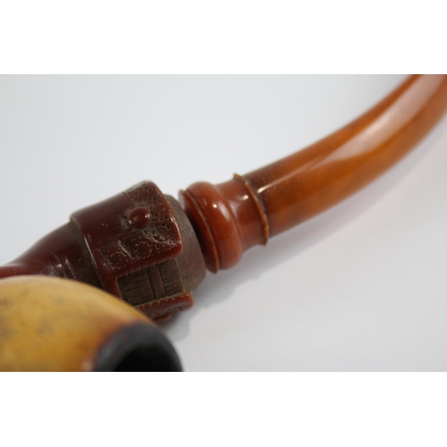 279 - Antique Carved Meerschaum Hand Form Smoking Pipe w/ Amber Stem, Case