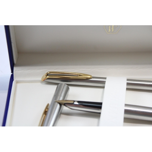 293 - Vintage WATERMAN C/F Brushed Steel Fountain Pen w/ 18ct Gold Nib, Pencil, Box