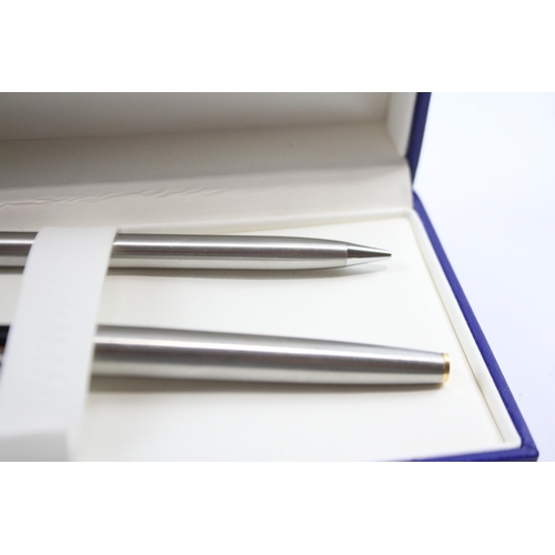 293 - Vintage WATERMAN C/F Brushed Steel Fountain Pen w/ 18ct Gold Nib, Pencil, Box