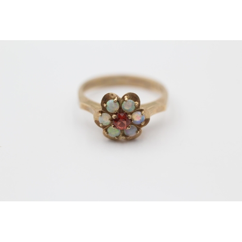 114 - 9ct Gold White Opal & Garnet Floral Cluster Ring (3g) Size  N 1/2